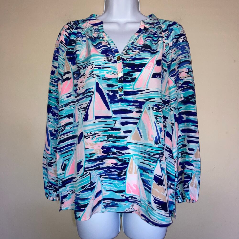 LILLY PULITZER Elsa 100% Silk Top Size XS Pier Pressure Long Sleeve Sailboats
